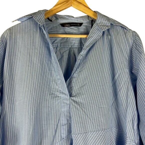 Zara Blue 100% Cotton Striped Asymmetric Shirt Dress - Picture 3 of 5